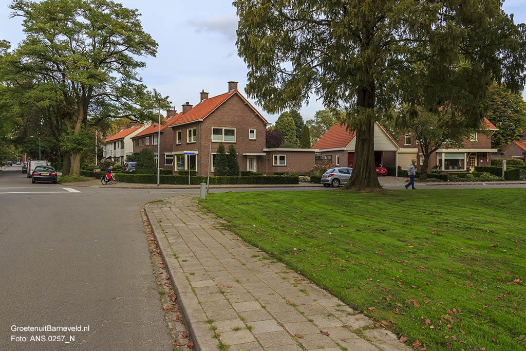 Heden 2014 - Het grootste verschil is nog wel het formaat van de bomen. Rechts (net buiten de foto) staat tegenwoordig de muziektent. - Dr. Kuyperlaan - Barneveld
